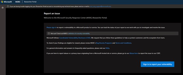 Microsoft’s designated Security Response Center vulnerability portal