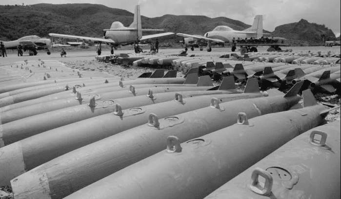250-pound bombs used to fight Northern Vietnamese forces in Laos, image taken in US and Laotian shared Military Base