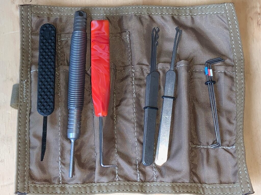 Lock picking kit with tool roll.